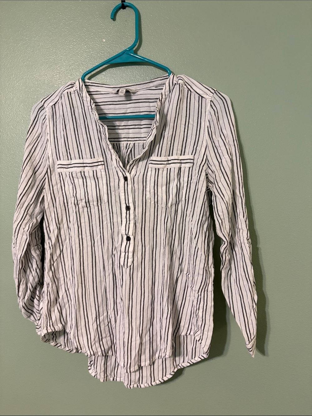 Lucky Brand White and Black Striped Button-Down V-Neck Top